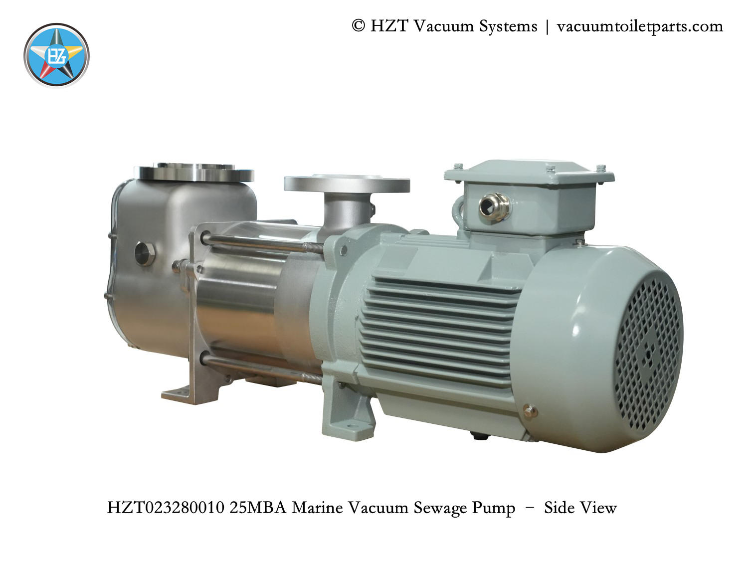 25MBA marine vacuum sewage pump side view showing inlet and outlet flange orientation