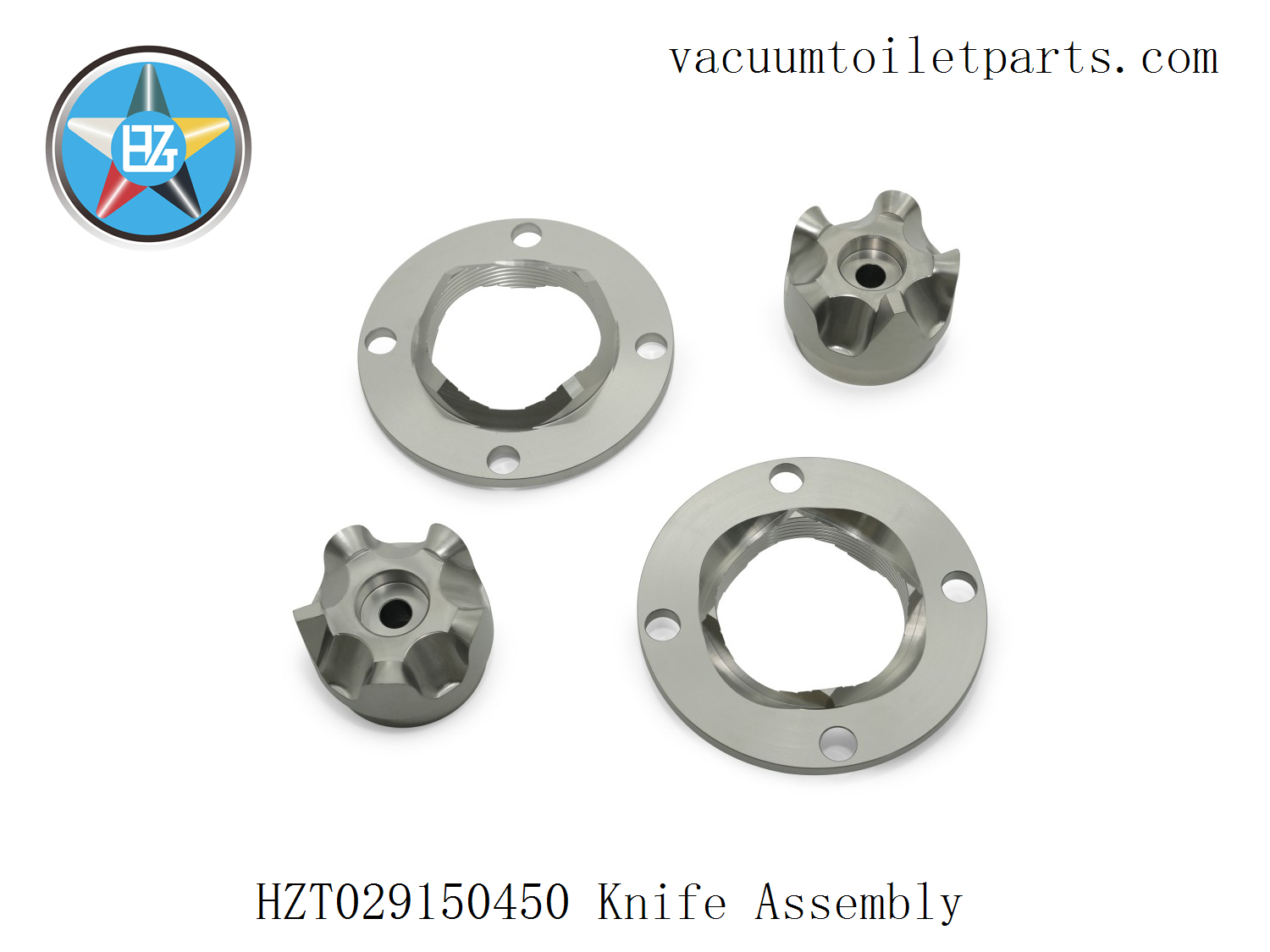 Detail of HZT029150450 knife assembly showing bolt mounting and alignment holes.