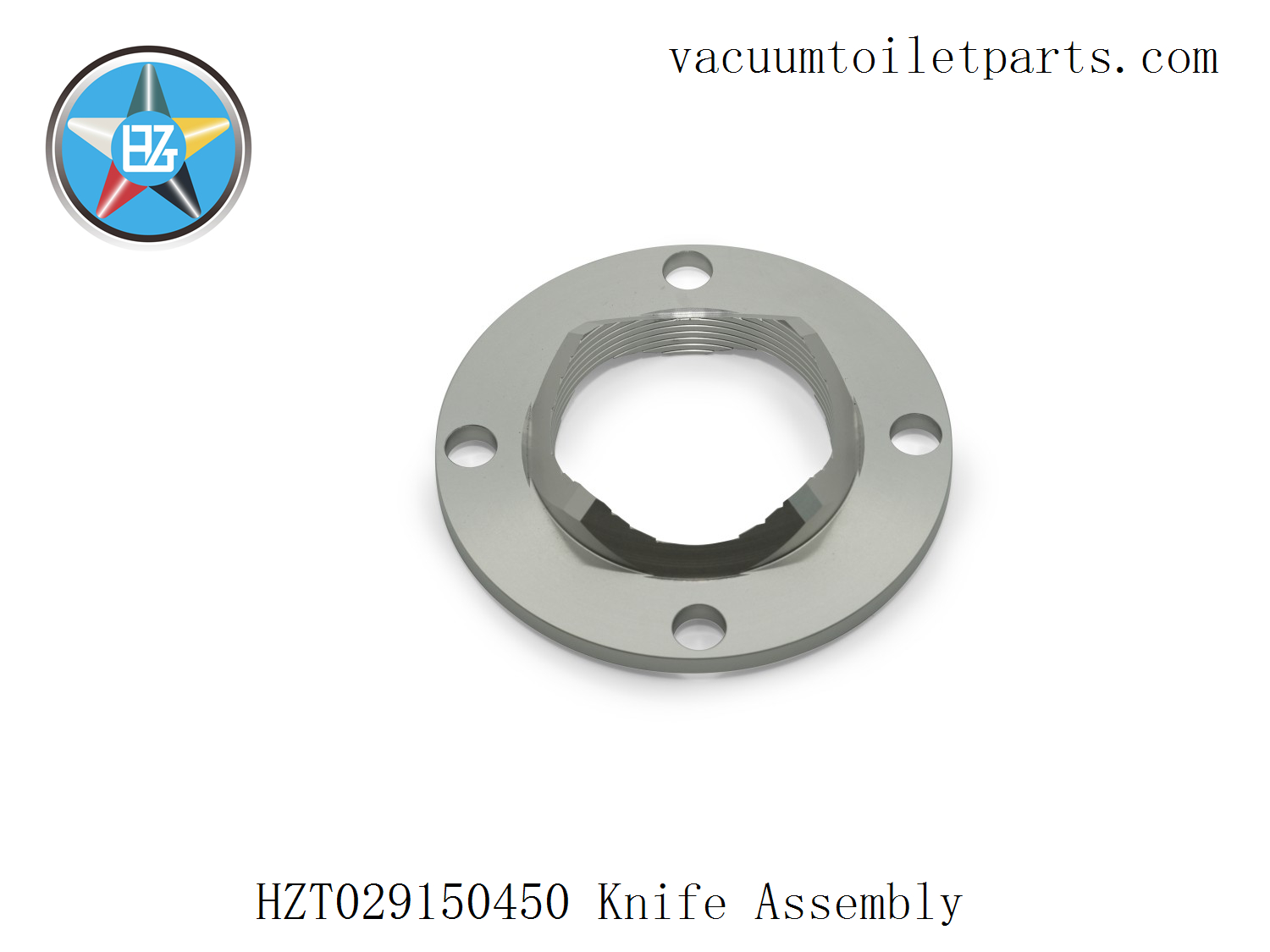 Front view of HZT029150500 stationary knife showing bolt mounting holes and cutting edge.