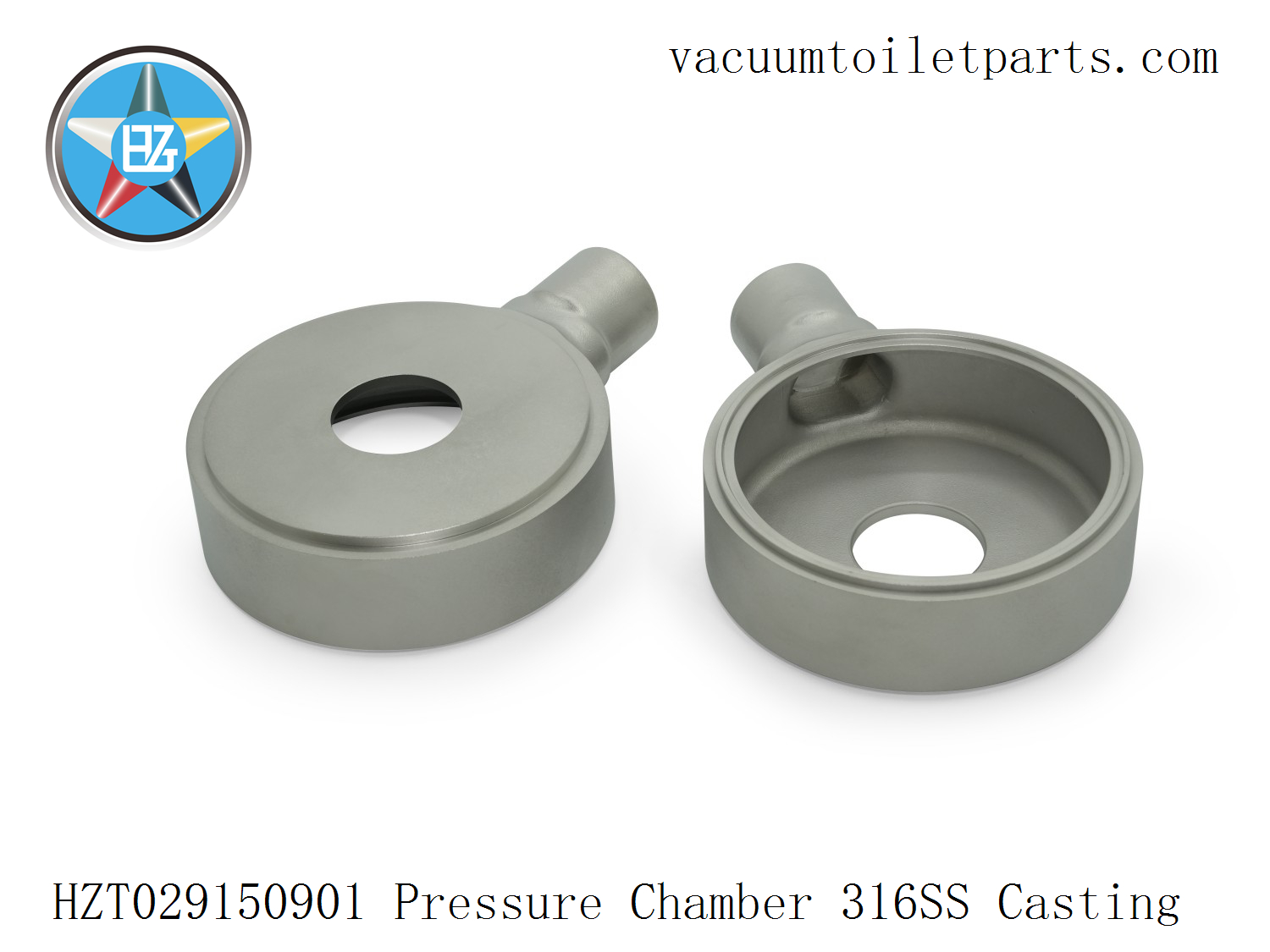 Side view of HZT029150901 cast stainless pressure chamber showing smooth transition and outlet shape.