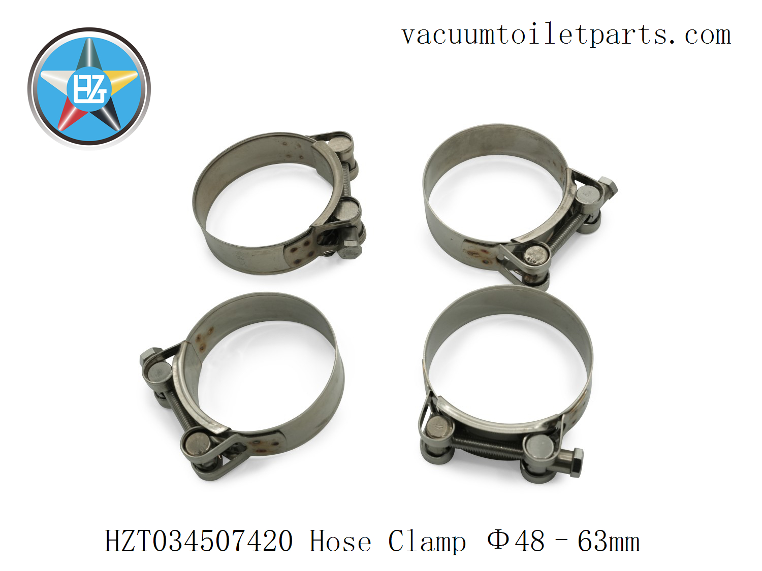 Side view of HZT034507420 hose clamp showing worm-drive screw mechanism.