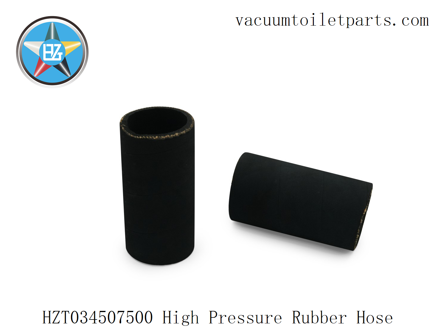 Side view of HZT034507500 high-pressure rubber hose showing smooth black surface and fabric reinforcement.